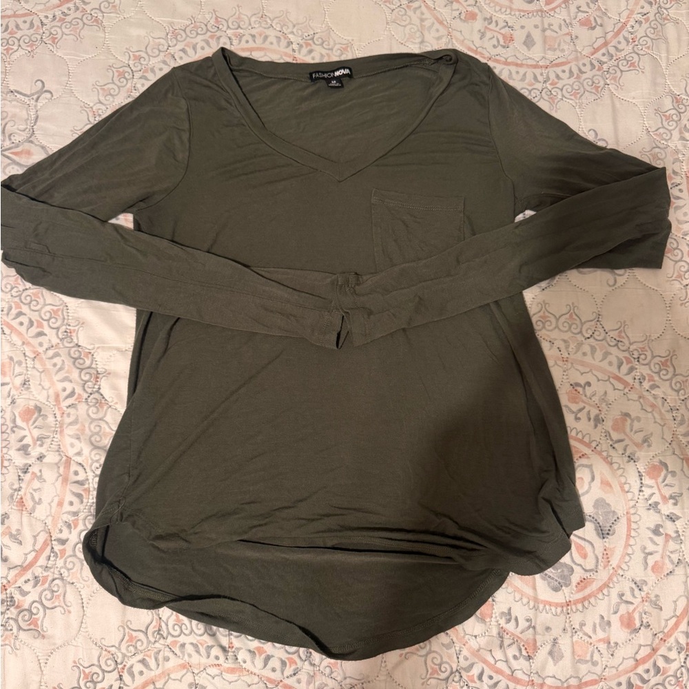 Fashion Nova Olive Long Sleeve V-Neck Top